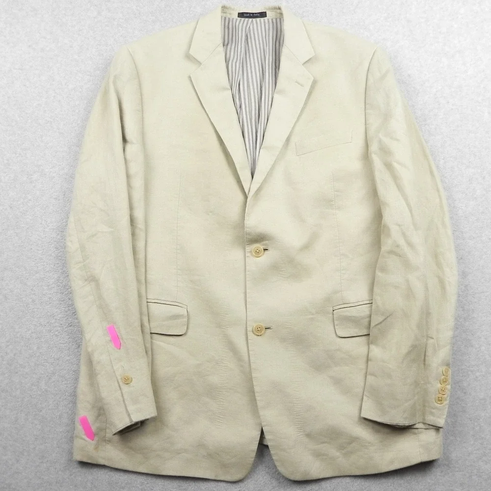 Calvin Klein Linen Blazer Mens 44L Two Button Sport Coat Beige Solid Lightweight